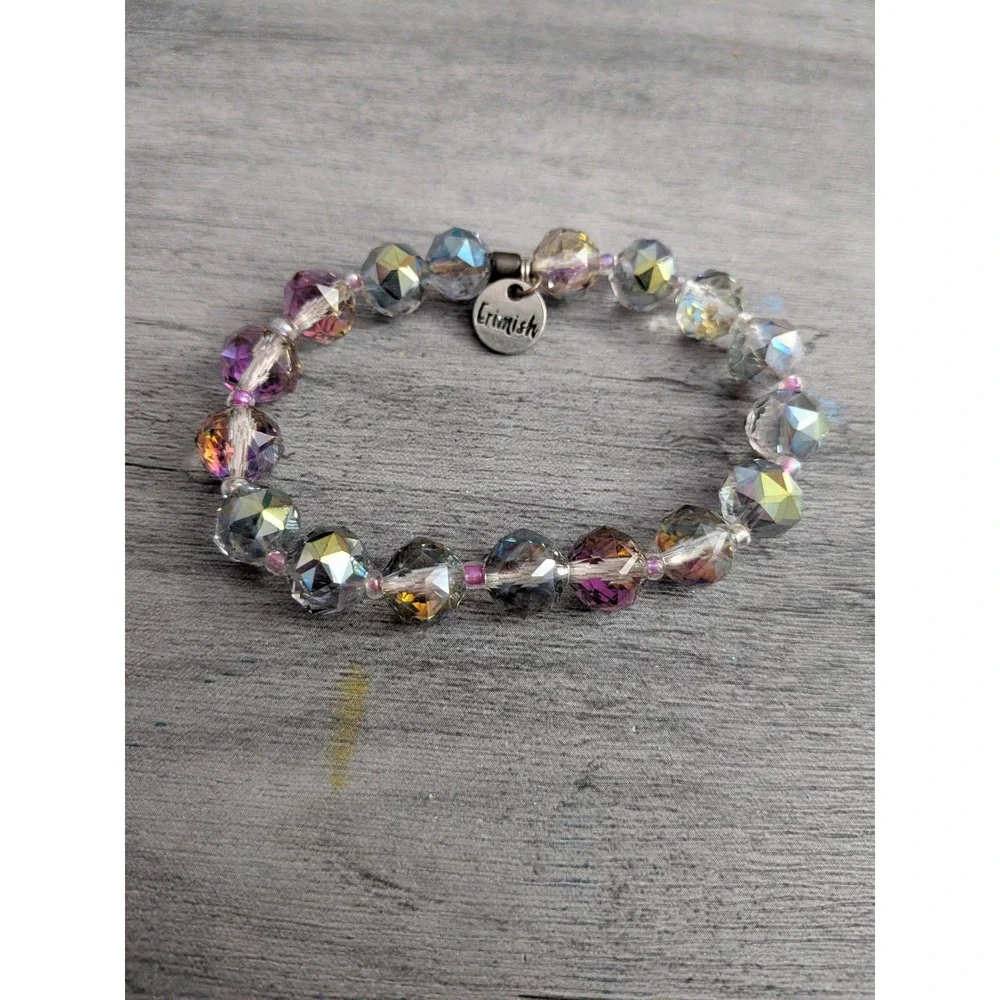 Erimish Iridescent Faceted Glass Bead Stretch Bracelet Purple Pink AB Finish